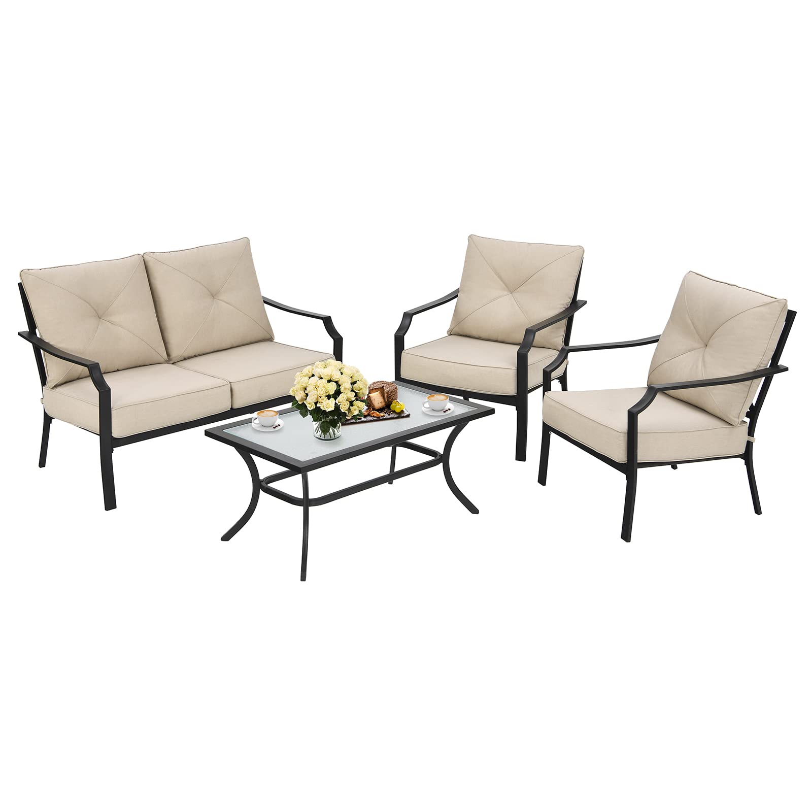 Ensemble de 4 meubles de jardin, salon de jardin avec coussins et cadre en acier